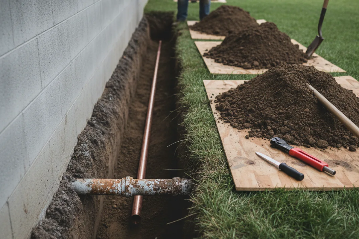 Excavated water line trench during Water Softener Installation in Goshen